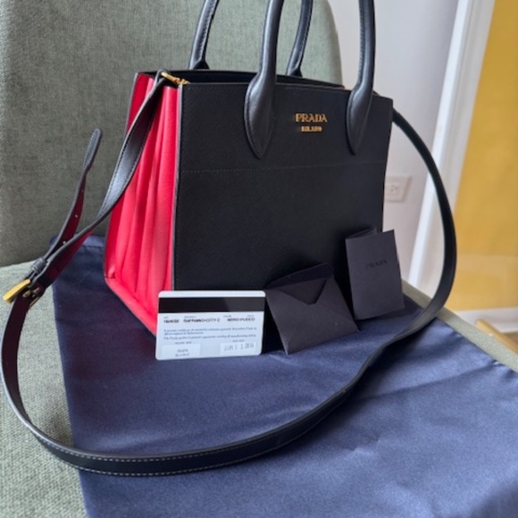 Prada Small Bibliothèque Saffiano Leather Crossbody Bag Red Sides- Dust Bag+Card - Picture 2 of 12